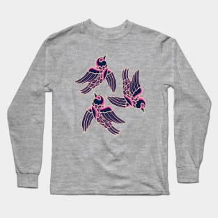 BIRDS FLYING HIGHER Cute Aspirational Hopeful Birds Nature Wildlife in Fuchsia Pink Cream Dark Blue - UnBlink Studio by Jackie Tahara Long Sleeve T-Shirt